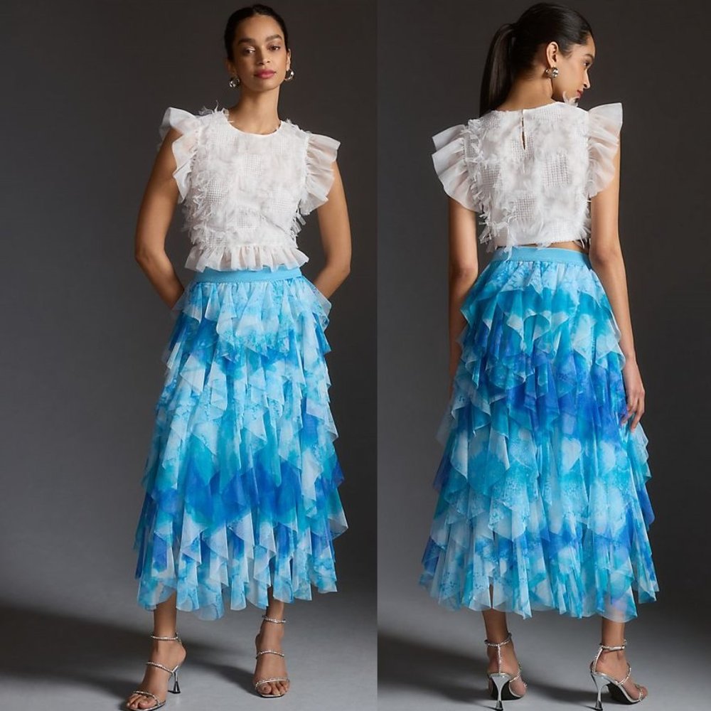 The Chéri Ruffled Tulle Midi Skirt by Anthropologie size M new nwt blue color